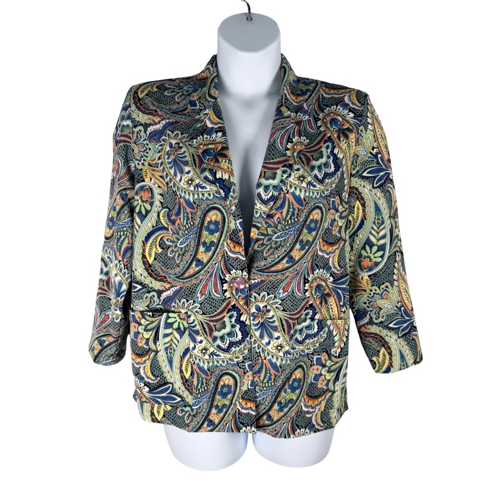 Drapers & Damons Womens Paisley Blazer Jacket Blue Green Size L 12/14 Vintage